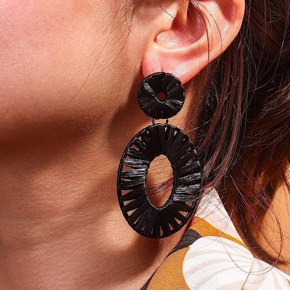 Statement Raffia Earrings Boho Drop Dangle Earrings for Women Handmade F… - Picture 3 of 12